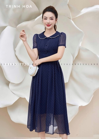 Đầm voan dáng xoè hoạ tiết chấm bi