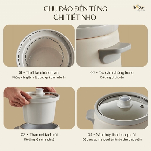 Nồi Nấu Chậm 1.5L BEAR SB-NNC15 Đa Năng Nấu Cháo, Hầm Nhanh, Nấu Chậm Trực Tiếp, Kho Thịt Kho Cá Giữ Ấm - Bản Tiếng Việt