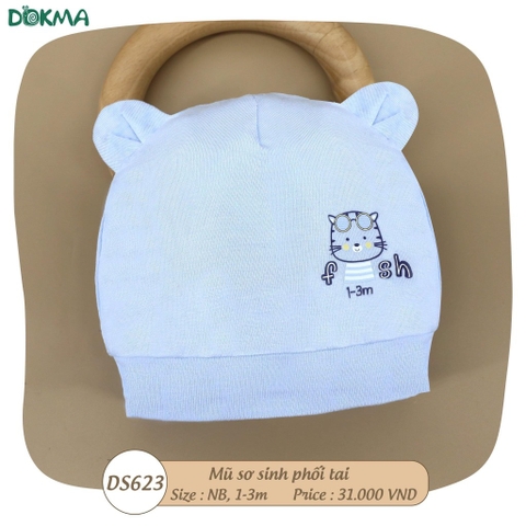 MŨ SƠ SINH PHỐI TAI CHO BÉ DOKMA  (vải mềm, mịn, không đổ lông, co giãn tốt , không bó đầu bé)