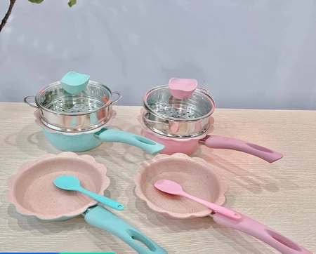 Bộ Nồi Chảo Đá Hình Hoa Kèm Xửng Hấp Cho Bé Ăn Dặm, Bộ Nồi Chảo Nấu Đồ Ăn Dặm Cho Bé Tặng Kèm Quà