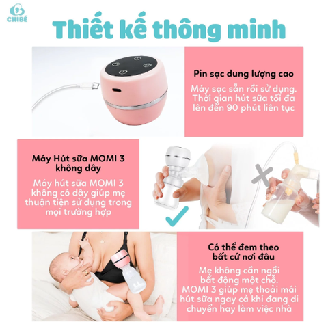 MÁY HÚT SỮA KHÔNG DÂY CHIBÉ MOMI 3 CB02 ( CHÍNH HÃNG -BẢO HÀNH 18 THÁNG)