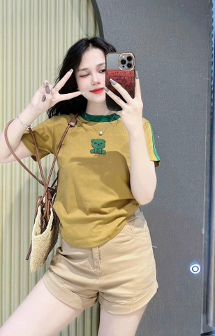 Áo phông gấu cổ tròn sọc tay dáng vừa chất siêu mềm mát