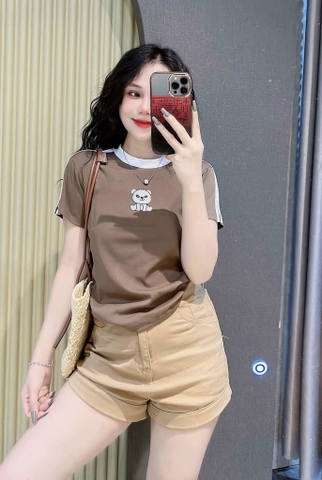 Áo phông gấu cổ tròn sọc tay dáng vừa chất siêu mềm mát
