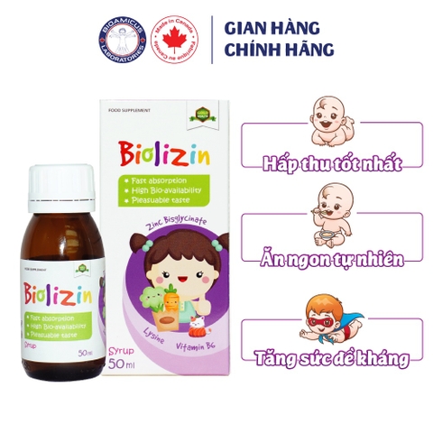 TPCN - Siro Biolizin Bổ Sung Kẽm hữu cơ Vitamin B6 3M+ Cho Bé Ăn Ngon Tăng Đề Kháng (50ml)