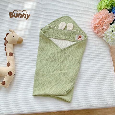 Khăn Choàng Ủ Xô Muslin Cao Cấp Bunny Có Mũ Siêu Thoáng Mát Cho Bé Sơ Sinh