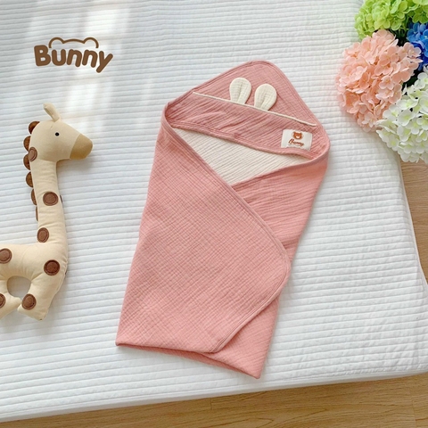 Khăn Choàng Ủ Xô Muslin Cao Cấp Bunny Có Mũ Siêu Thoáng Mát Cho Bé Sơ Sinh