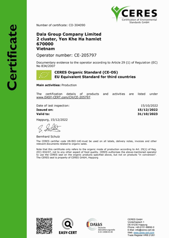 DALAHOUSE ĐẠT CHỨNG NHẬN HỮU CƠ USDA VÀ EU