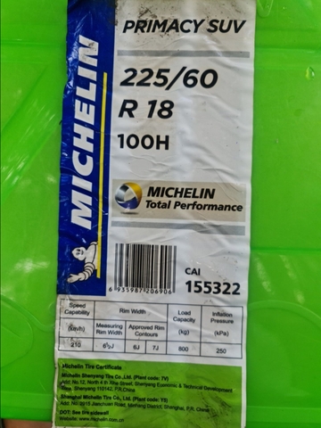 225/60R18 MICHELIN CHINA Primacy SUV