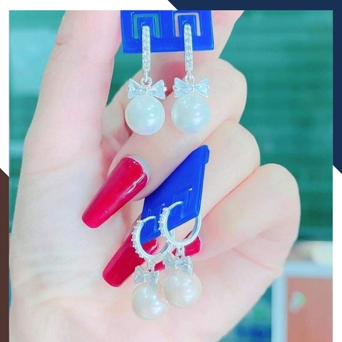 Bông tai ngọc trai tòng teng hình nơ, khuyên tai tròn bạc đính ngọc trai thật đẹp cho nữ mã K60TT78