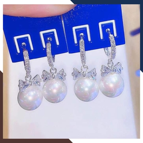 Bông tai ngọc trai tòng teng hình nơ, khuyên tai tròn bạc đính ngọc trai thật đẹp cho nữ mã K60TT78