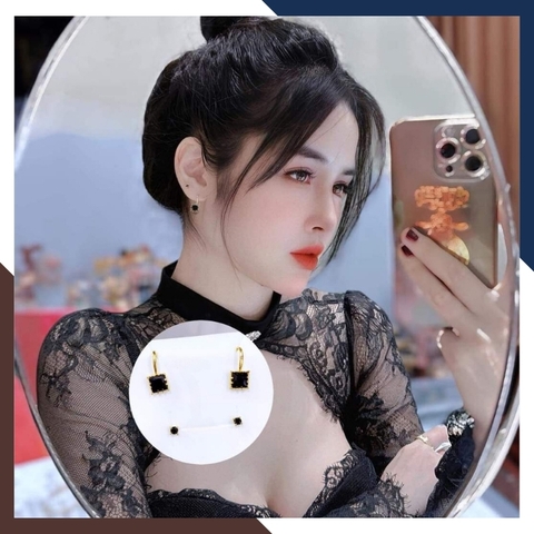 Bông tai vàng tây 10k đính đá vuông màu đen dáng móc câu trẻ trung cho nữ, mã TL21