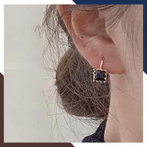 Bông tai vàng tây 10k đính đá vuông màu đen dáng móc câu trẻ trung cho nữ, mã TL21