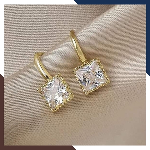 Bông tai vàng tây 10k đính đá vuông màu đen dáng móc câu trẻ trung cho nữ, mã TL21