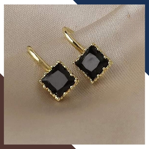Bông tai vàng tây 10k đính đá vuông màu đen dáng móc câu trẻ trung cho nữ, mã TL21