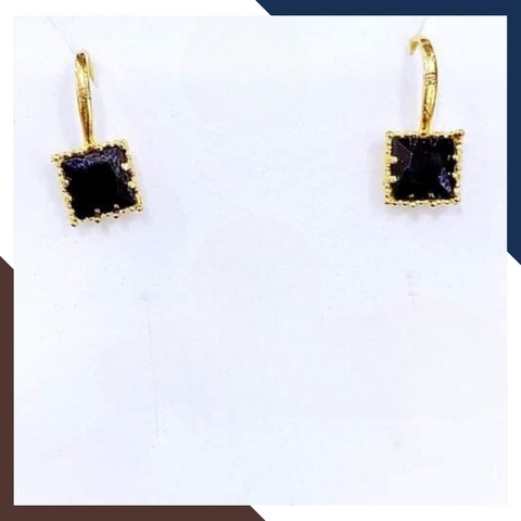 Bông tai vàng tây 10k đính đá vuông màu đen dáng móc câu trẻ trung cho nữ, mã TL21