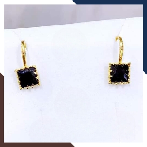 Bông tai vàng tây 10k đính đá vuông màu đen dáng móc câu trẻ trung cho nữ, mã TL21