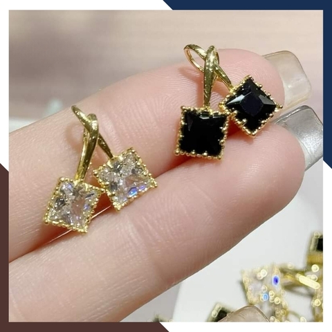Bông tai vàng tây 10k đính đá vuông màu đen dáng móc câu trẻ trung cho nữ, mã TL21
