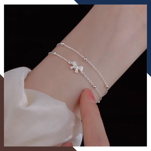 Combo Lắc tay lắc chân bạc nữ 2 vòng hình nơ mix bi đẹp mã T150C165