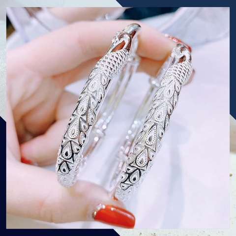 Kiềng tay bạc nữ, Vòng tay bạc nữ dạng kiềng khắc họa tiết đuôi công đẹp mã TL5C