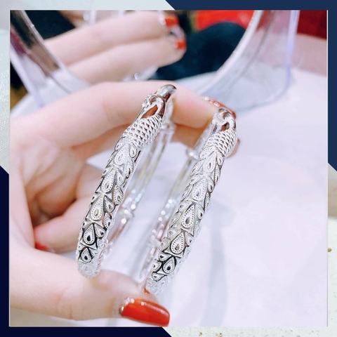Kiềng tay bạc nữ, Vòng tay bạc nữ dạng kiềng khắc họa tiết đuôi công đẹp mã TL5C