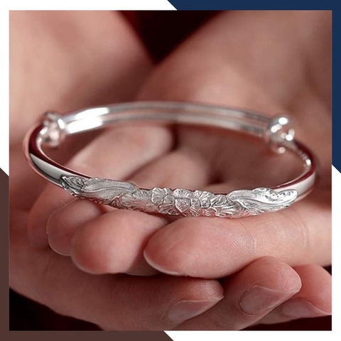 Kiềng tay bạc nữ, Vòng tay bạc nữ dạng kiềng khắc họa tiết hoa sen mã 50TL5C5