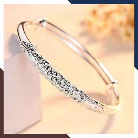 Kiềng tay bạc nữ, Vòng tay bạc nữ dạng kiềng khắc họa tiết hoa sen mã 50TL5C5