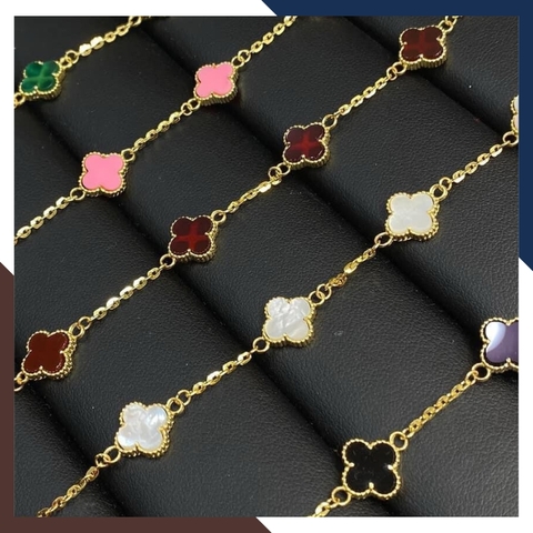 Lắc tay vàng cỏ 4 lá đính đá đen, đỏ, hồng, tím trắng, xanh mã TL88