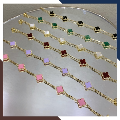 Lắc tay vàng cỏ 4 lá đính đá đen, đỏ, hồng, tím trắng, xanh mã TL88