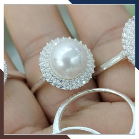 Nhẫn bạc đính ngọc trai thật 10-11mm mặt tròn đính đá cho nữ đẹp mã K85TD1011