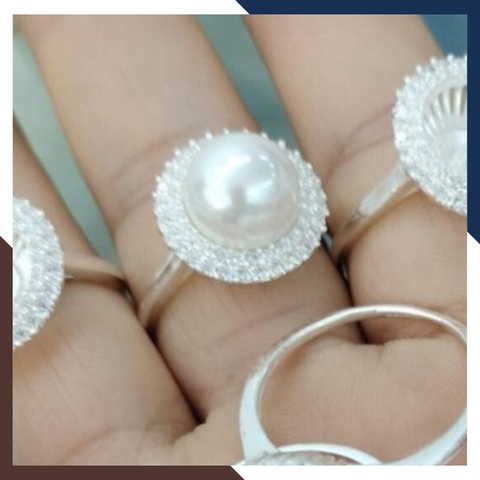 Nhẫn bạc đính ngọc trai thật 10-11mm mặt tròn đính đá cho nữ đẹp mã K85TD1011