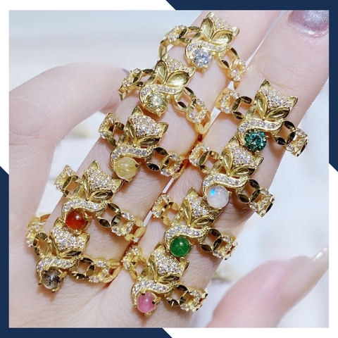 Nhẫn kim tiền hồ ly lộc kép, nhẫn hồ ly kim tiền vàng tây 10k ngậm ngọc cho nữ mã M80TL54