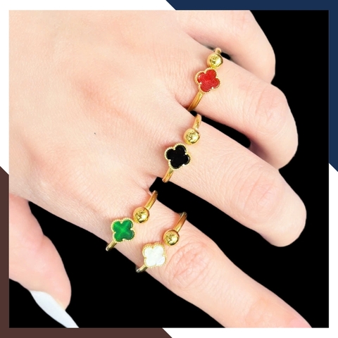 Nhẫn Vàng Cỏ 4 Lá Đen, Đỏ, Trắng, Xanh Theo Mệnh Hút Tài Lộc NVN232 | Vàng Tây 10k