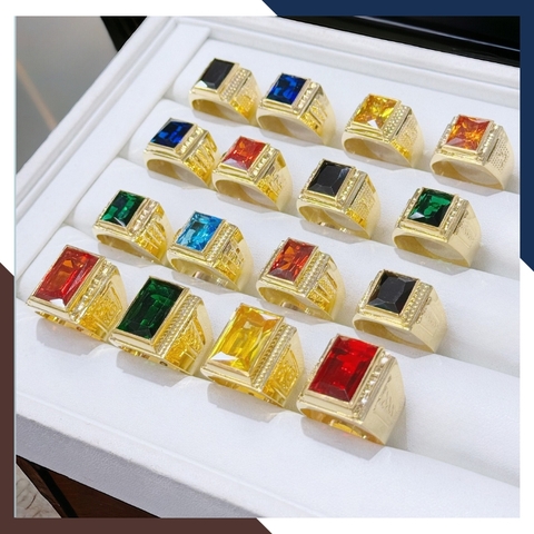 Nhẫn vàng nam 1 chỉ  đẹp, nhẫn nam vàng tây 10k mặt vuông đính hột đá xanh đỏ đen vàng mã TL164