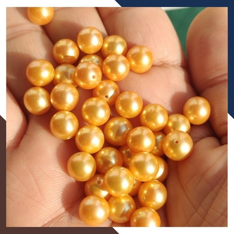 Viên ngọc trai vàng nuôi nước ngọt thật tự nhiên 8mm - 9mm tròn xoe, độ bóng 5A không vết sinh trưởng.