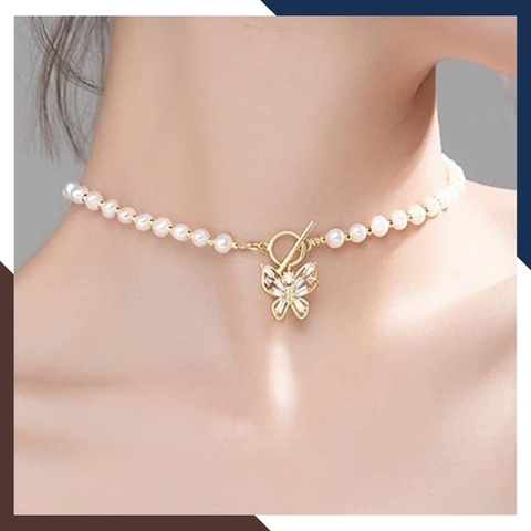 Vòng cổ choker ngọc trai nước ngọt mix khoá bướm bạc mã 78V715K835