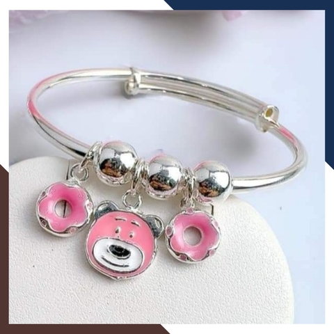 Vòng tay bạc cho bé gái, lắc chân trẻ em bạc ta nguyên chất mix bi, gấu và bông hoa mã AC250