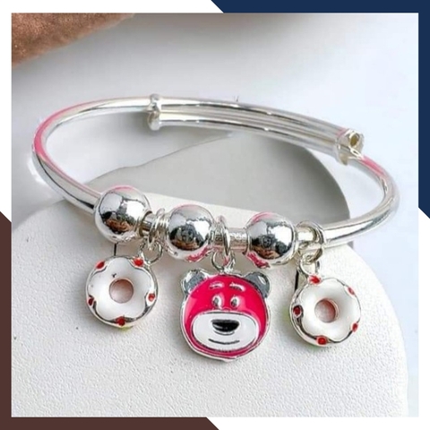 Vòng tay bạc cho bé gái, lắc chân trẻ em bạc ta nguyên chất mix bi, gấu và bông hoa mã AC250