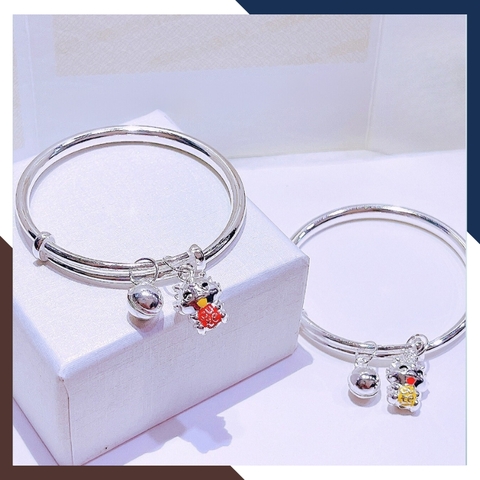 Vòng tay bạc cho bé, lắc tay trẻ em bằng bạc nguyên chất mix chuông và charm rồng mã AC250