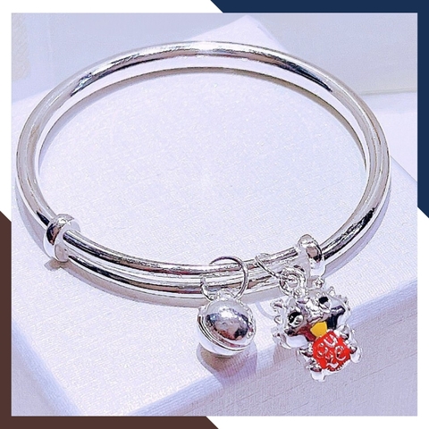Vòng tay bạc cho bé, lắc tay trẻ em bằng bạc nguyên chất mix chuông và charm rồng mã AC250