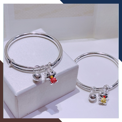 Vòng tay bạc cho bé, lắc tay trẻ em bằng bạc nguyên chất mix chuông và charm rồng mã AC250