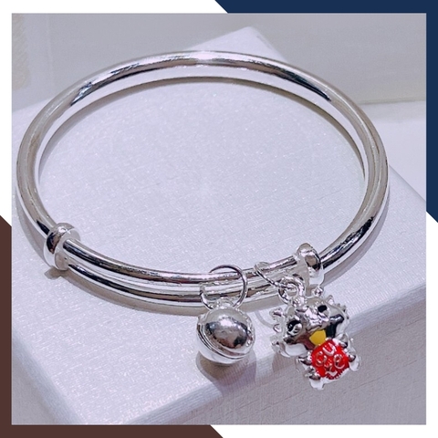 Vòng tay bạc cho bé, lắc tay trẻ em bằng bạc nguyên chất mix chuông và charm rồng mã AC250