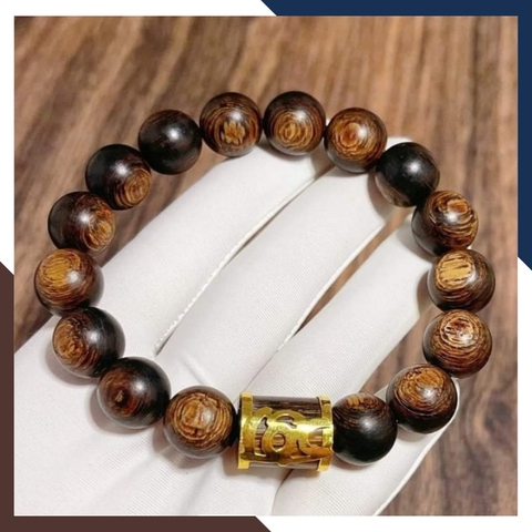 Vòng tay trầm hương nam bọc vàng tây 10k chữ phúc lộc thọ mã 720B950