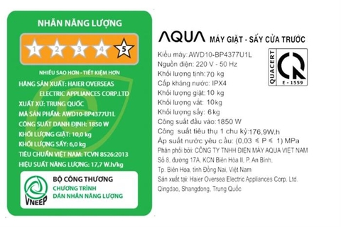 Máy giặt sấy Aqua Inverter giặt 10 kg - sấy 6 kg AWD10-BP4377U1L(GN)