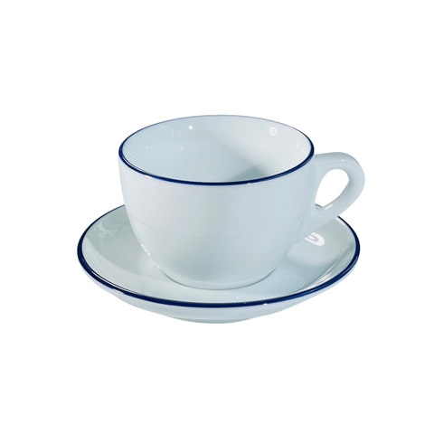 Bộ đĩa và Ly sứ Ancap Large Cappuccino vẽ tay viền Màu xanh biển, 260ml