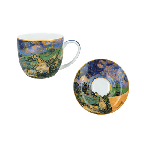 Bộ 2 ly sứ Carmani Set 2 cups with saucers - V. Van Gogh, Barish huts 250ml