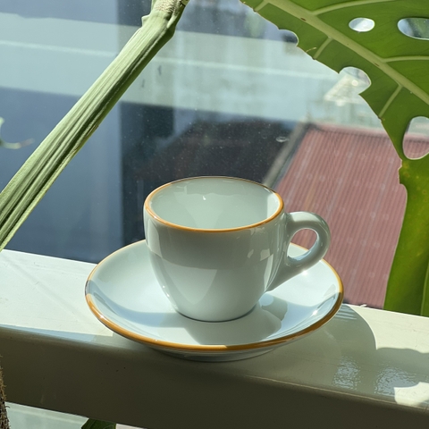 Bộ đĩa và Ly sứ Ancap Espresso vẽ tay viền Màu vàng, 75ml