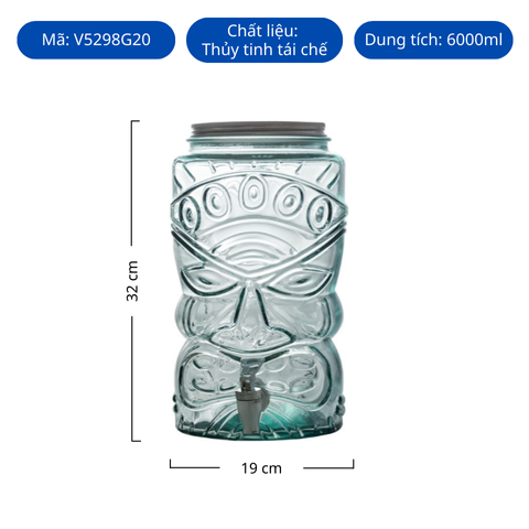 Bình nước thủy tinh tái chế VSM Beverage Tiki 6 L C/Grifo C/T/Aluminio 6000ml