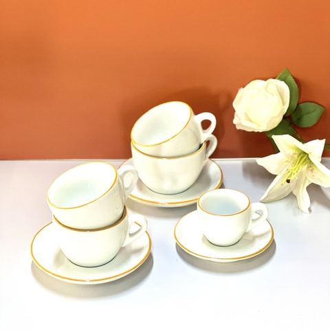 Bộ đĩa và Ly sứ Ancap Espresso vẽ tay viền Màu vàng, 75ml