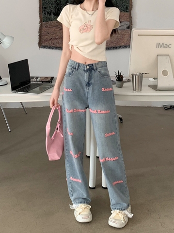 Quần jean suông thêu chữ- R21.1605