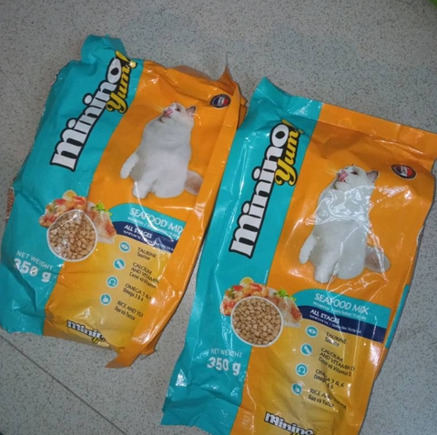 Thức Ăn Hạt Khô Minino Yum Gói 350g Cho Mèo ( vị cá hồi + vị hải sản ).